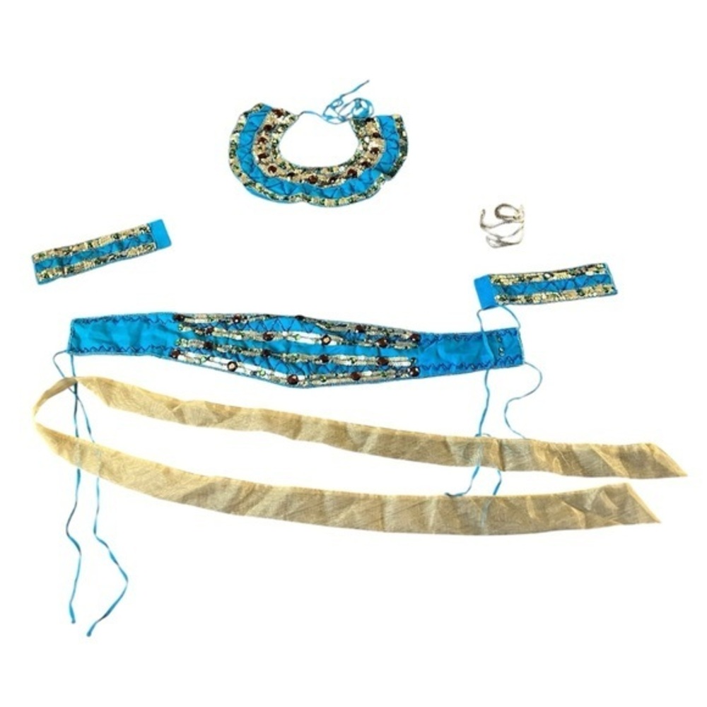 Egyptian Costume Accessory, Turquoise Blue & Gold Belt, Collar, and Wristbands